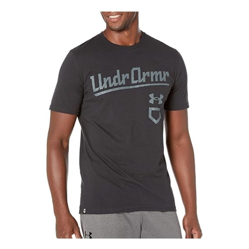 Under Armour T-Shirt Men's Black Baseball Script Loose Fit size M NWT